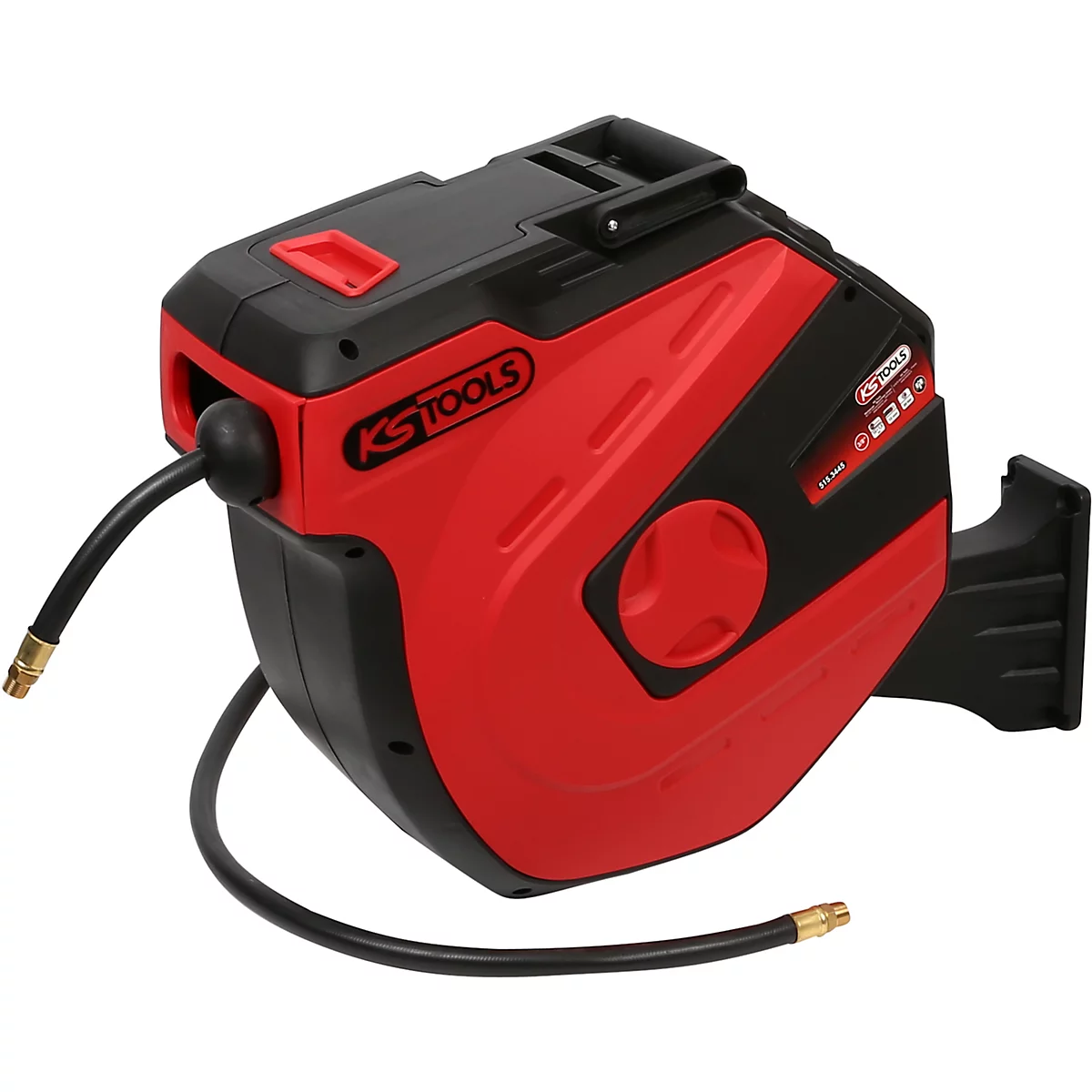 Rote und schwarze Schlauchtrommel mit KS TOOLS Logo und angeschlossenen Schläuchen.